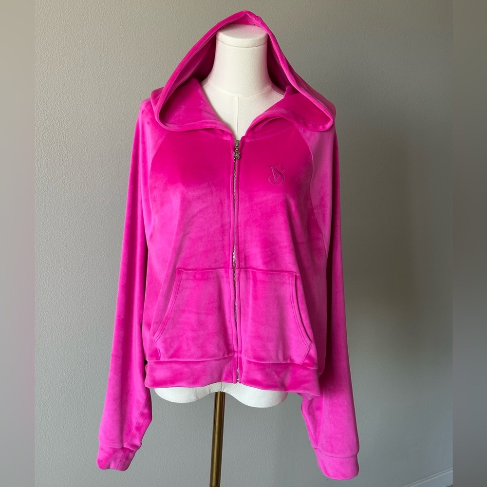 Victoria's Secret On Point Cropped Bold Pink Velour Zip Hoodie / Jacket - XL